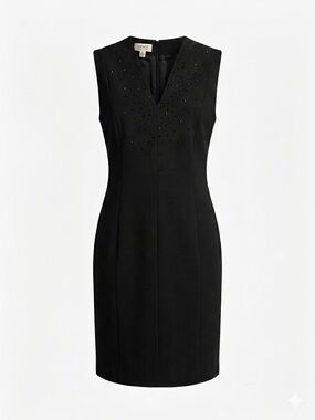 Jones New York Black Sheath Dress V-Neck Sleeveless Rhinestone Knee Length 12
